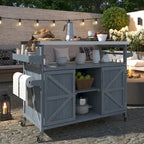 Outdoor Kitchen Island,Rolling Bar Cart & Storage Cabinet,Farmhouse Solid Wood Outdoor Grill Table with Stainless Steel Top