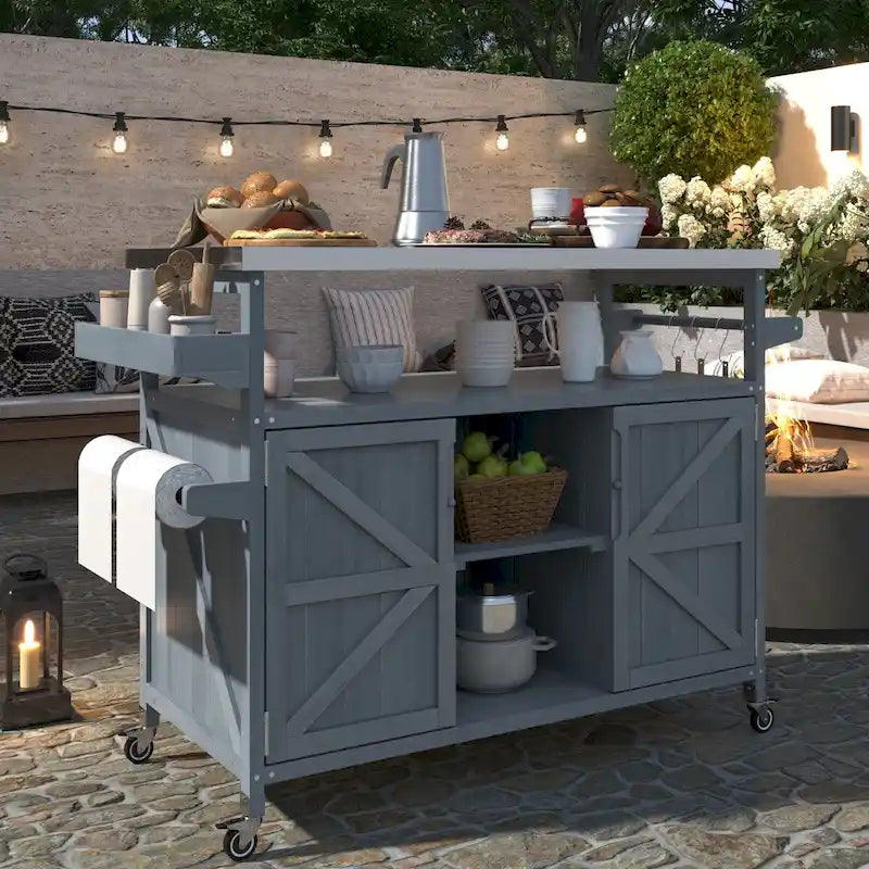 Outdoor Kitchen Island,Rolling Bar Cart & Storage Cabinet,Farmhouse Solid Wood Outdoor Grill Table with Stainless Steel Top