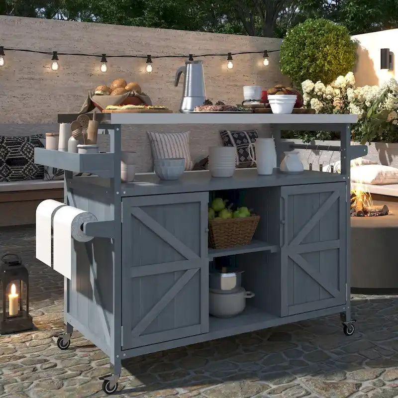 Outdoor Kitchen Island,Rolling Bar Cart & Storage Cabinet,Farmhouse Solid Wood Outdoor Grill Table with Stainless Steel Top