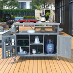 Outdoor Kitchen Island,Rolling Bar Cart & Storage Cabinet,Farmhouse Solid Wood Outdoor Grill Table with Stainless Steel Top