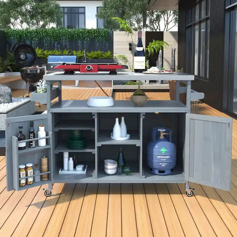 Outdoor Kitchen Island,Rolling Bar Cart & Storage Cabinet,Farmhouse Solid Wood Outdoor Grill Table with Stainless Steel Top