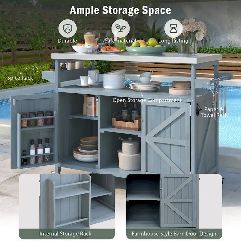 Outdoor Kitchen Island,Rolling Bar Cart & Storage Cabinet,Farmhouse Solid Wood Outdoor Grill Table with Stainless Steel Top