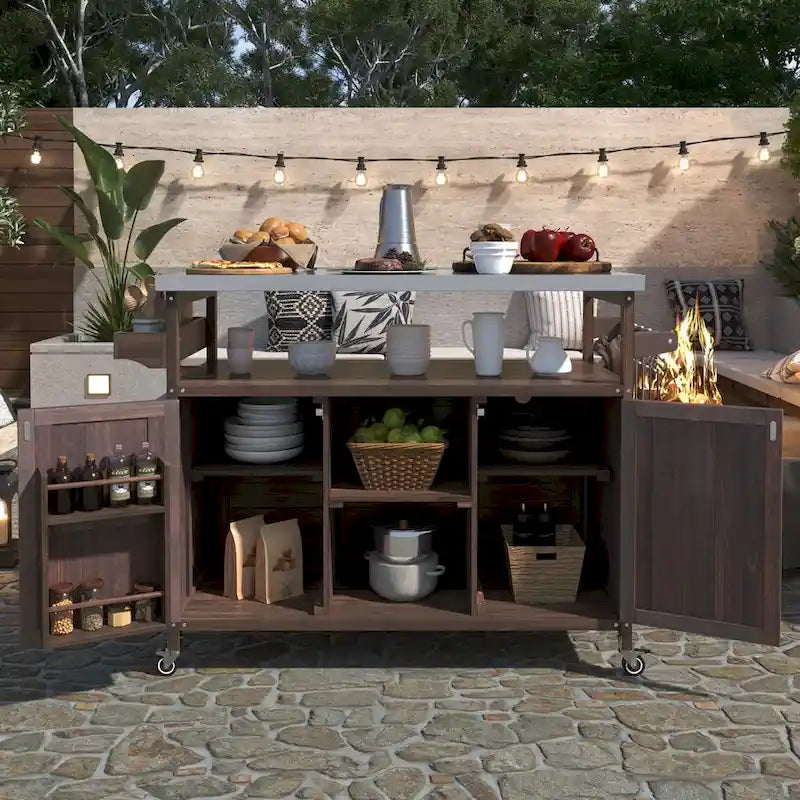 Outdoor Kitchen Island,Rolling Bar Cart & Storage Cabinet,Farmhouse Solid Wood Outdoor Grill Table with Stainless Steel Top