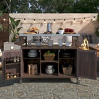 Outdoor Kitchen Island,Rolling Bar Cart & Storage Cabinet,Farmhouse Solid Wood Outdoor Grill Table with Stainless Steel Top