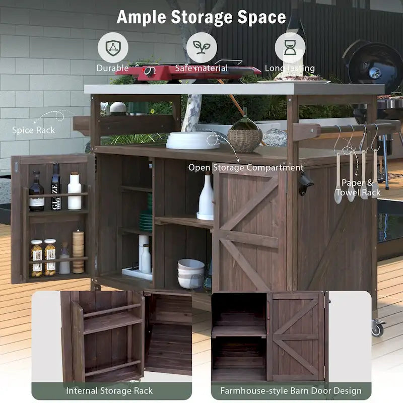 Outdoor Kitchen Island,Rolling Bar Cart & Storage Cabinet,Farmhouse Solid Wood Outdoor Grill Table with Stainless Steel Top