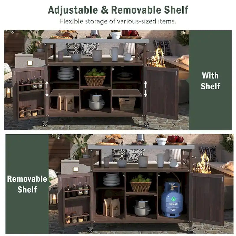 Outdoor Kitchen Island,Rolling Bar Cart & Storage Cabinet,Farmhouse Solid Wood Outdoor Grill Table with Stainless Steel Top