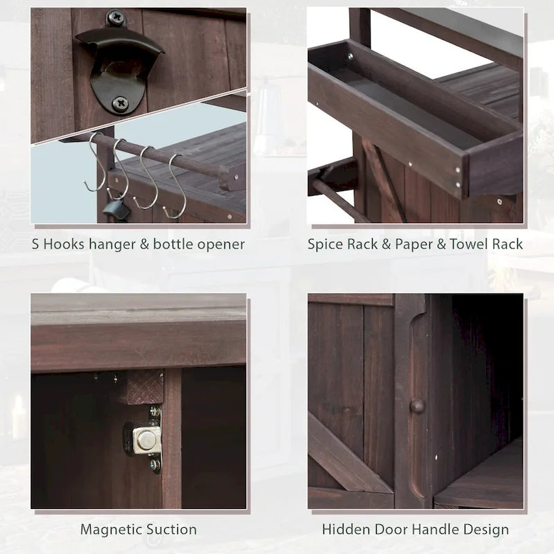 Outdoor Kitchen Island,Rolling Bar Cart & Storage Cabinet,Farmhouse Solid Wood Outdoor Grill Table with Stainless Steel Top