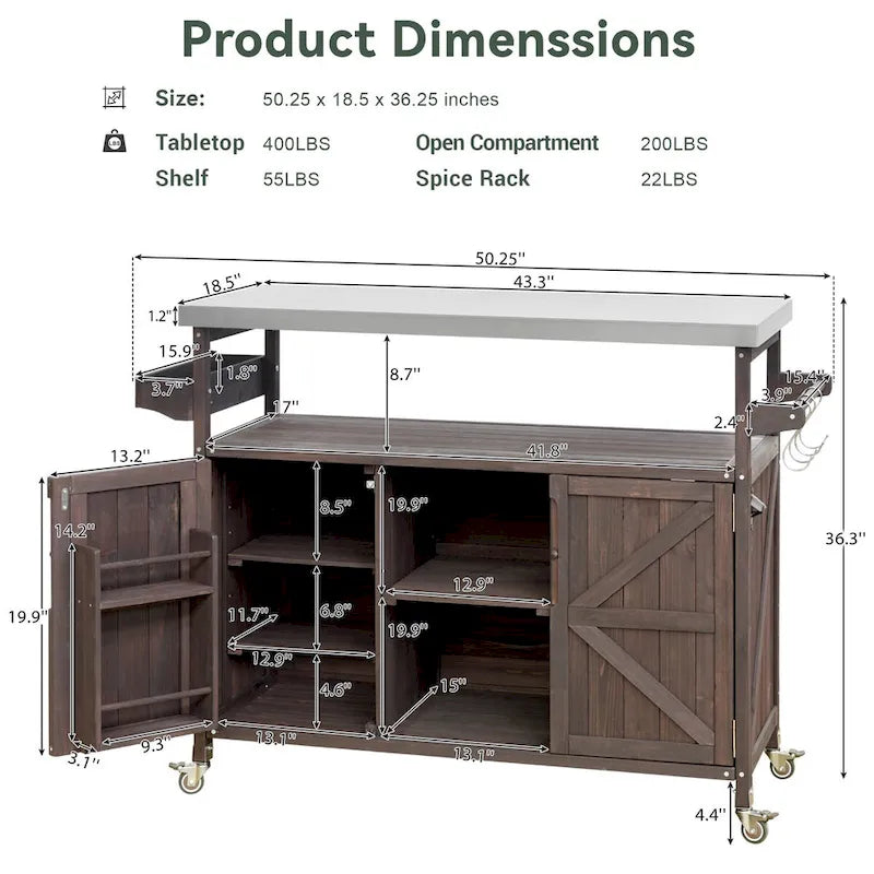 Outdoor Kitchen Island,Rolling Bar Cart & Storage Cabinet,Farmhouse Solid Wood Outdoor Grill Table with Stainless Steel Top