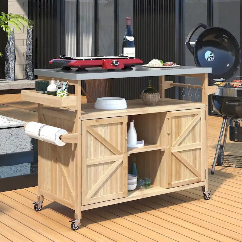 Outdoor Kitchen Island,Rolling Bar Cart & Storage Cabinet,Farmhouse Solid Wood Outdoor Grill Table with Stainless Steel Top