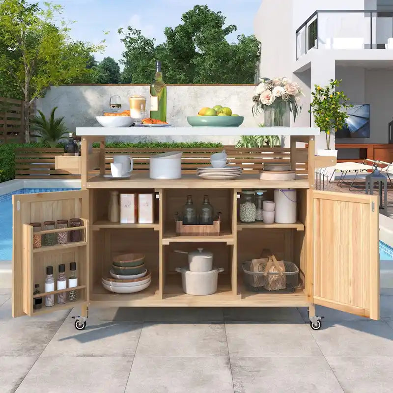 Outdoor Kitchen Island,Rolling Bar Cart & Storage Cabinet,Farmhouse Solid Wood Outdoor Grill Table with Stainless Steel Top