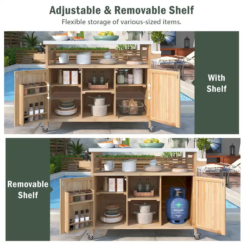 Outdoor Kitchen Island,Rolling Bar Cart & Storage Cabinet,Farmhouse Solid Wood Outdoor Grill Table with Stainless Steel Top