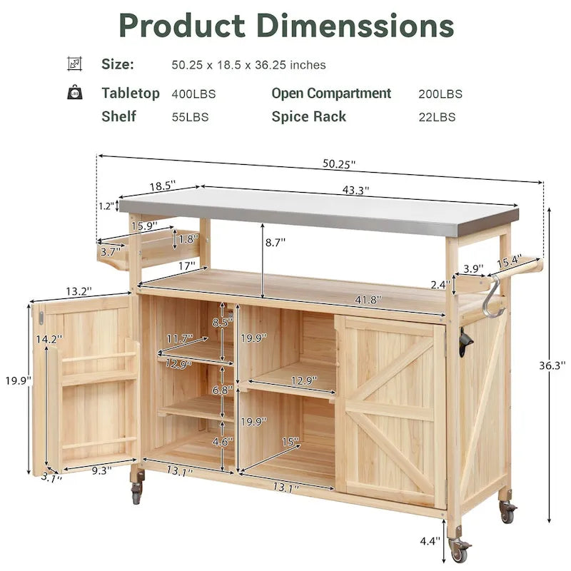 Outdoor Kitchen Island,Rolling Bar Cart & Storage Cabinet,Farmhouse Solid Wood Outdoor Grill Table with Stainless Steel Top