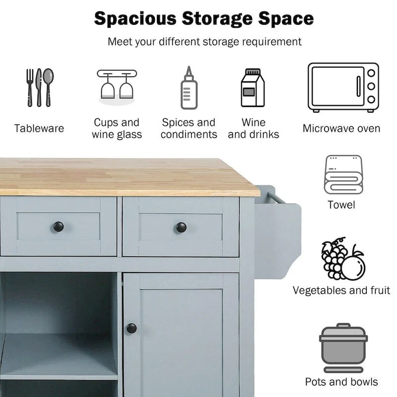 Kitchen Cart With Rubber Wood Drop-Leaf Countertop
