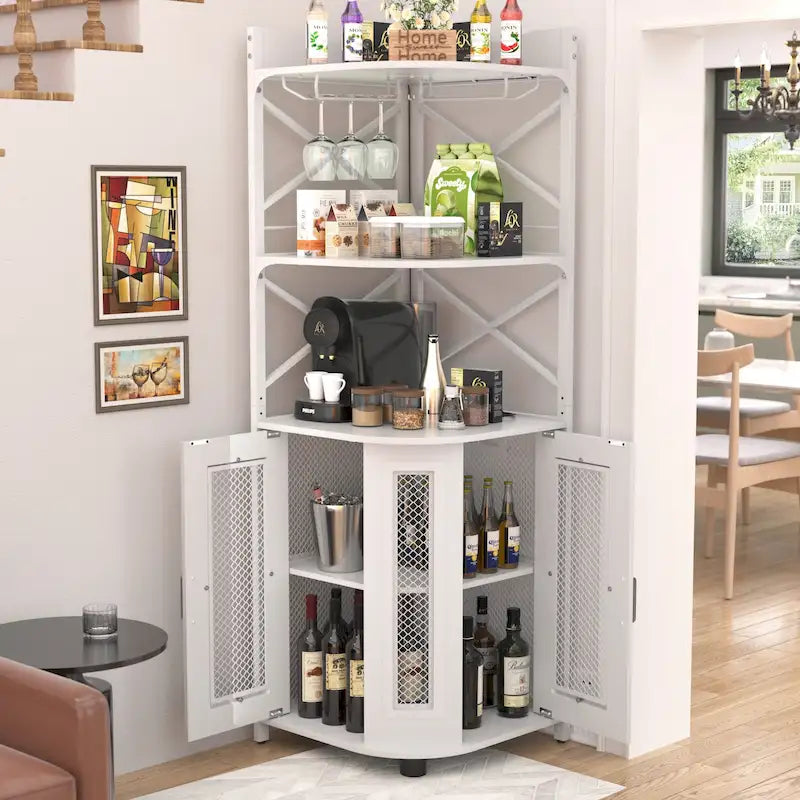 Corner Bar Cabinet with Charging Station and Ambiance Light, Liquor Display Storage Shelves with Glass Holder - Brown
