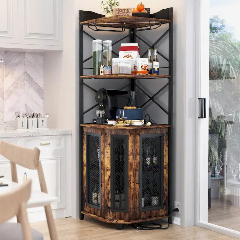 Corner Bar Cabinet with Charging Station and Ambiance Light, Liquor Display Storage Shelves with Glass Holder - Brown