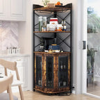 Corner Bar Cabinet with Charging Station and Ambiance Light, Liquor Display Storage Shelves with Glass Holder - Brown