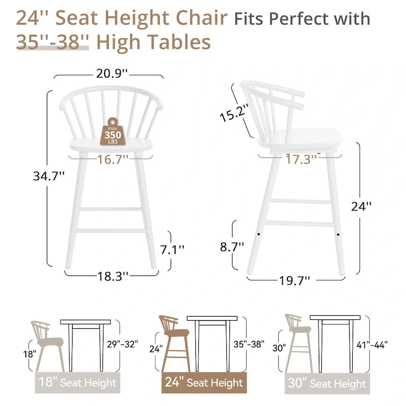 Set of 3 Counter Height Stool 24.in Bar Stools with Solid Wood Frame and Spindle Back for Kitchen Island