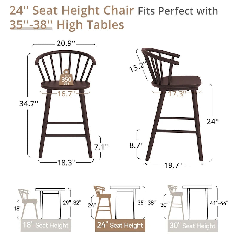 Set of 3 Counter Height Stool 24.in Bar Stools with Solid Wood Frame and Spindle Back for Kitchen Island