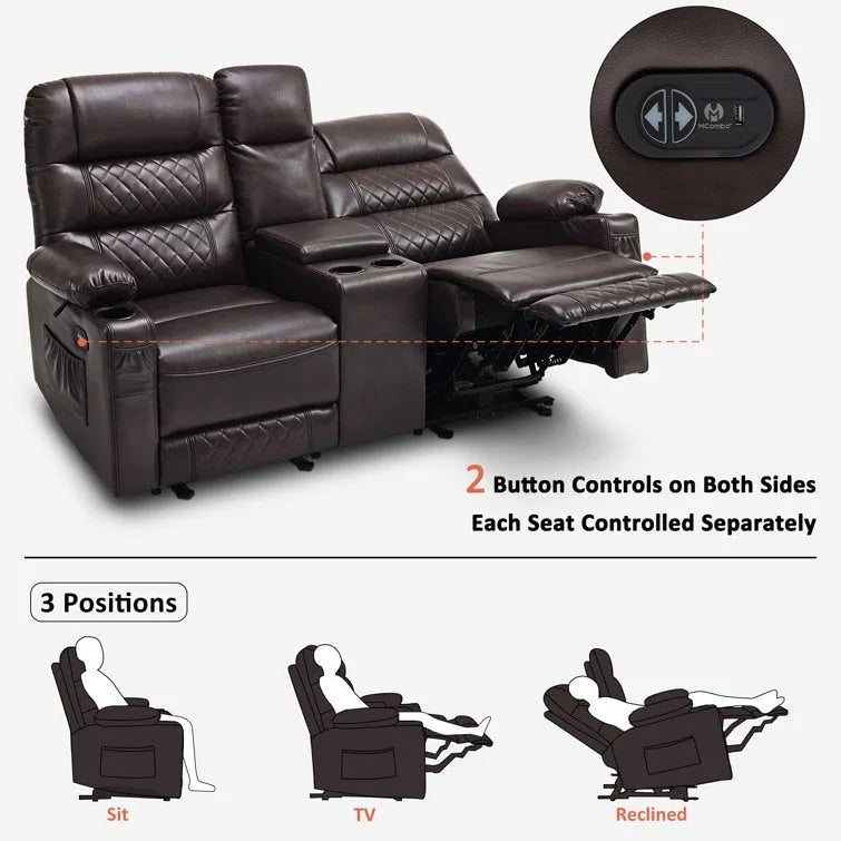 MCombo Electric Power Loveseat Recliner with Console, Power Reclining Sofa with Heat and Vibration, USB Ports, Cup Holders PR624
