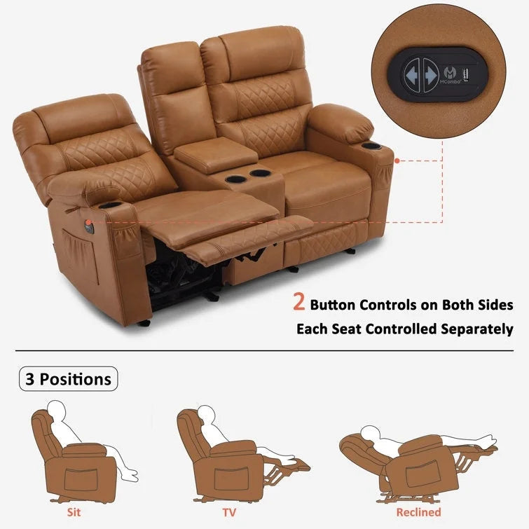 MCombo Electric Power Loveseat Recliner with Console, Power Reclining Sofa with Heat and Vibration, USB Ports, Cup Holders PR624