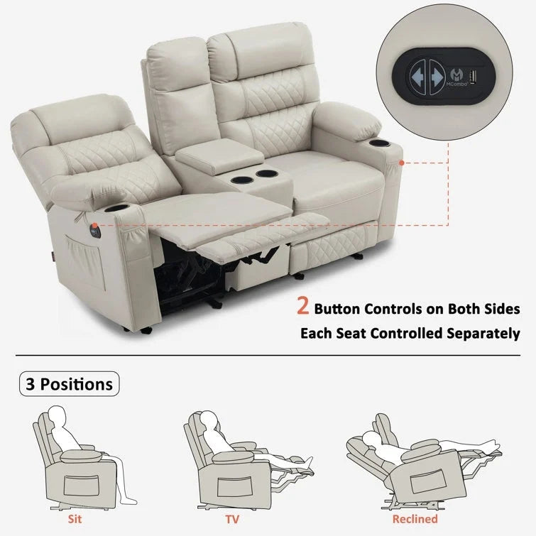 MCombo Electric Power Loveseat Recliner with Console, Power Reclining Sofa with Heat and Vibration, USB Ports, Cup Holders PR624