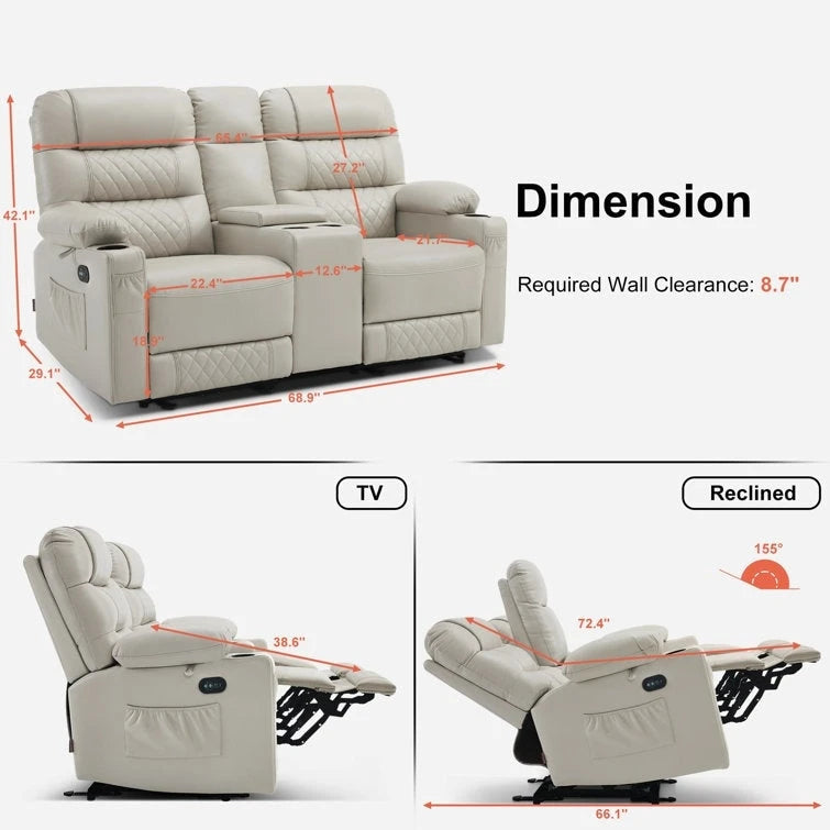 MCombo Electric Power Loveseat Recliner with Console, Power Reclining Sofa with Heat and Vibration, USB Ports, Cup Holders PR624
