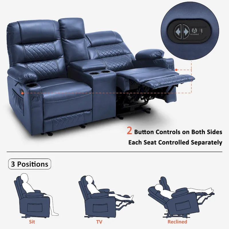 MCombo Electric Power Loveseat Recliner with Console, Power Reclining Sofa with Heat and Vibration, USB Ports, Cup Holders PR624