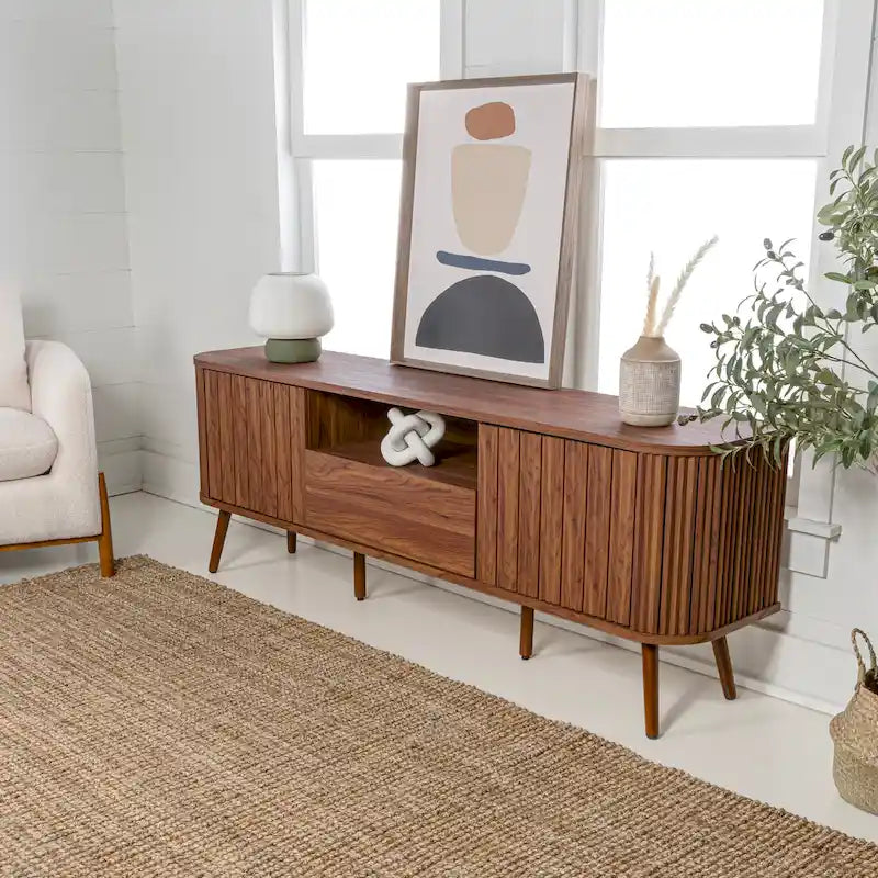 Finley 70 in. Farmhouse Curved TV Stand with Drawer and Storage Doors Fits TVs up to 75 in. with Cable Management, by JONATHAN Y