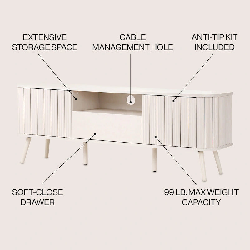 Finley 70 in. Farmhouse Curved TV Stand with Drawer and Storage Doors Fits TVs up to 75 in. with Cable Management, by JONATHAN Y
