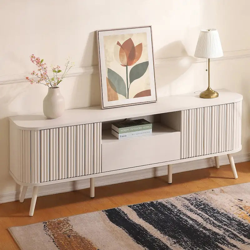 Finley 70 in. Farmhouse Curved TV Stand with Drawer and Storage Doors Fits TVs up to 75 in. with Cable Management, by JONATHAN Y