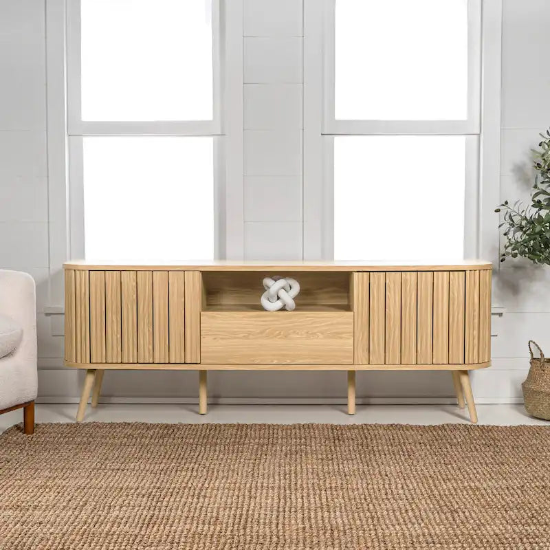Finley 70 in. Farmhouse Curved TV Stand with Drawer and Storage Doors Fits TVs up to 75 in. with Cable Management, by JONATHAN Y