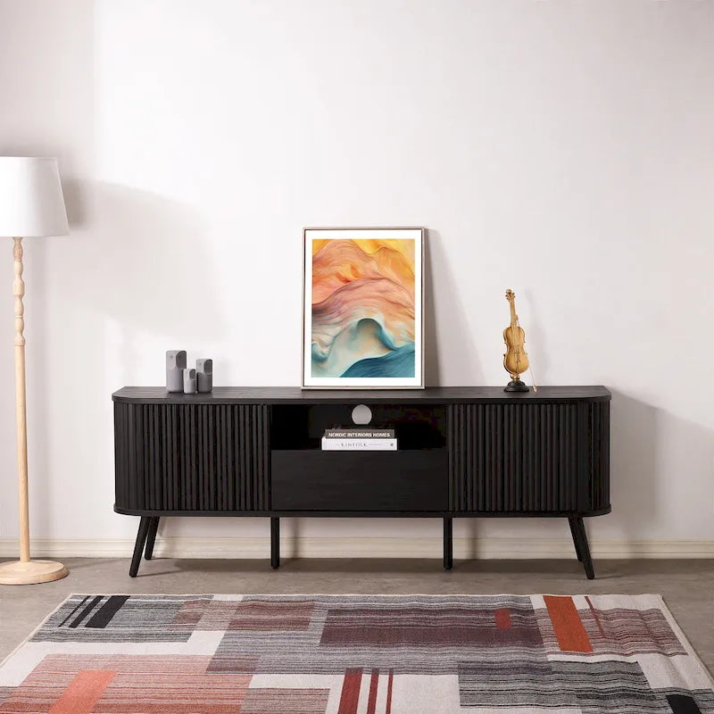 Finley 70 in. Farmhouse Curved TV Stand with Drawer and Storage Doors Fits TVs up to 75 in. with Cable Management, by JONATHAN Y
