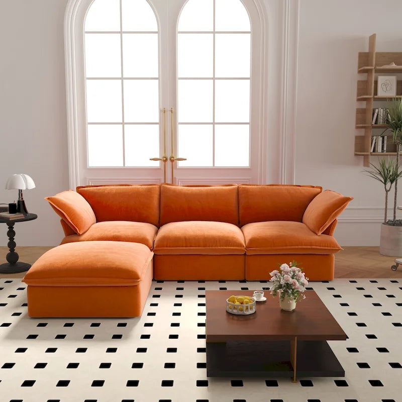 Cloud Sectional Sofa Down Feather Modular Couch L-shaped Velvet Wide Deep Seat Convertible Sofa.