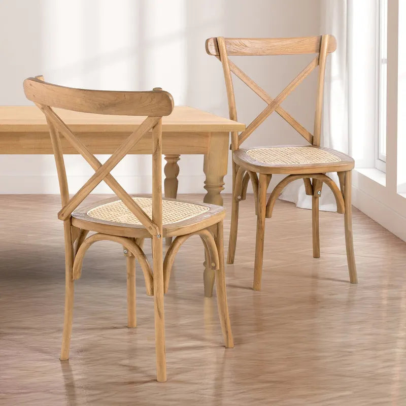 Colmar Classic Traditional X-Back Wood Rattan Dining Chair, Natural (Set of 2) by JONATHAN Y
