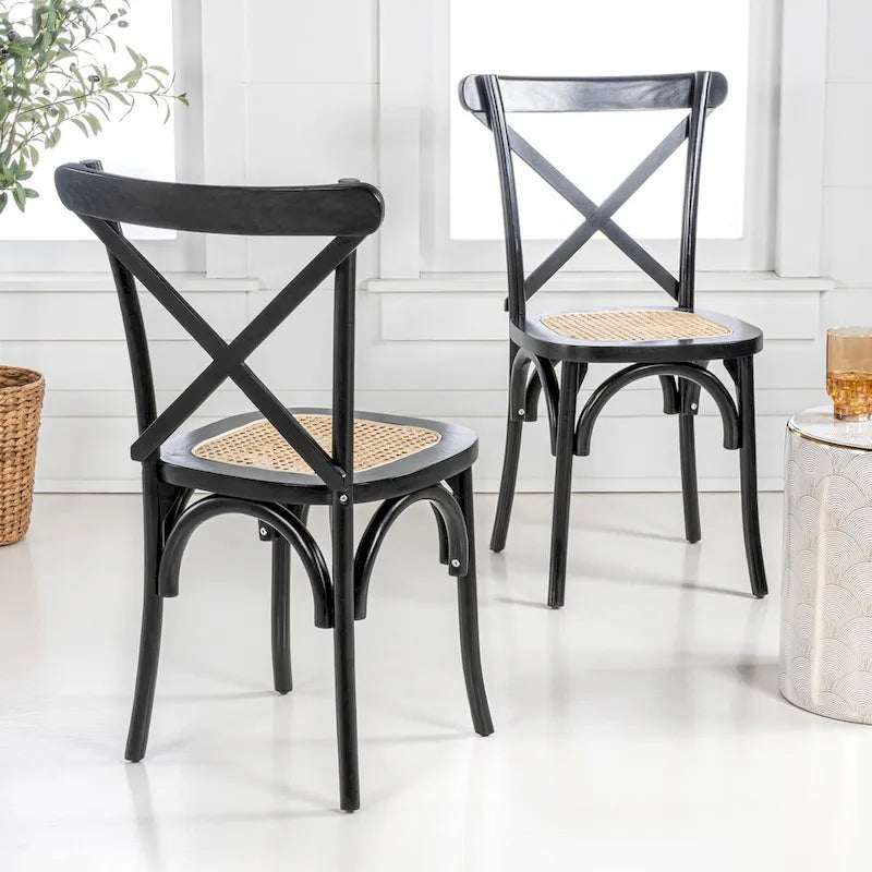 Colmar Classic Traditional X-Back Wood Rattan Dining Chair, Natural (Set of 2) by JONATHAN Y