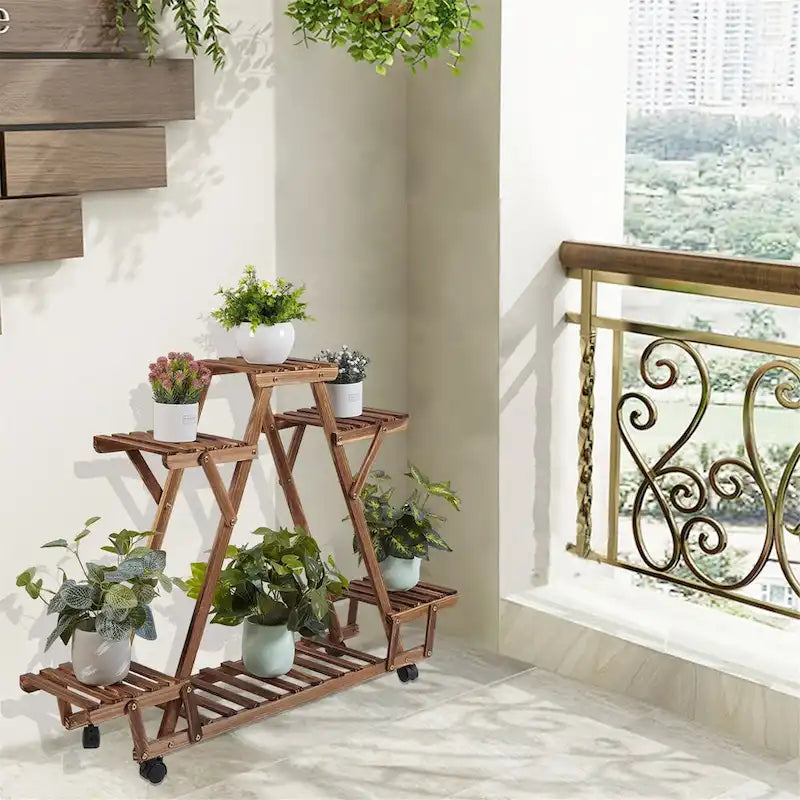 Movable Outdoor Ladder Plant Stand Garden Wood Rack with 6 Tiers