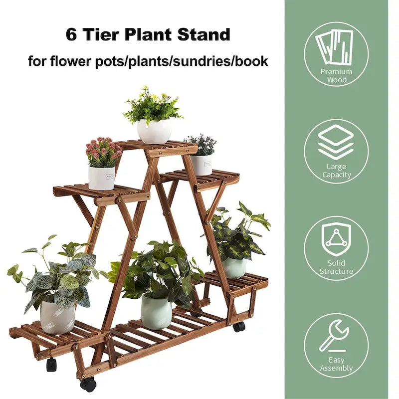 Movable Outdoor Ladder Plant Stand Garden Wood Rack with 6 Tiers