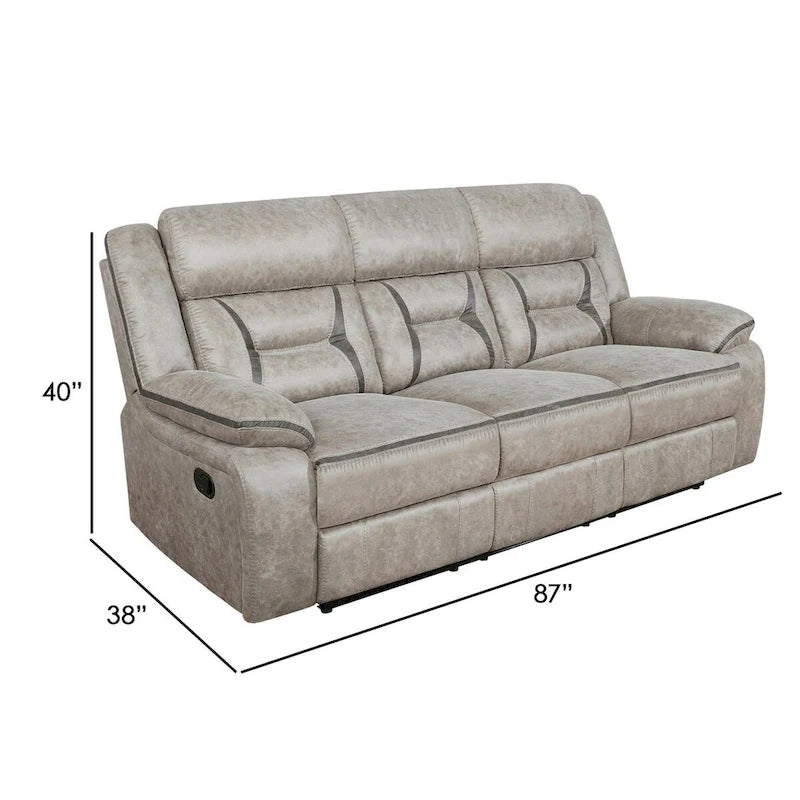 Tye 87 Inch Glider Manual Recliner Sofa, Cool Gel Foam, Taupe Faux Leather