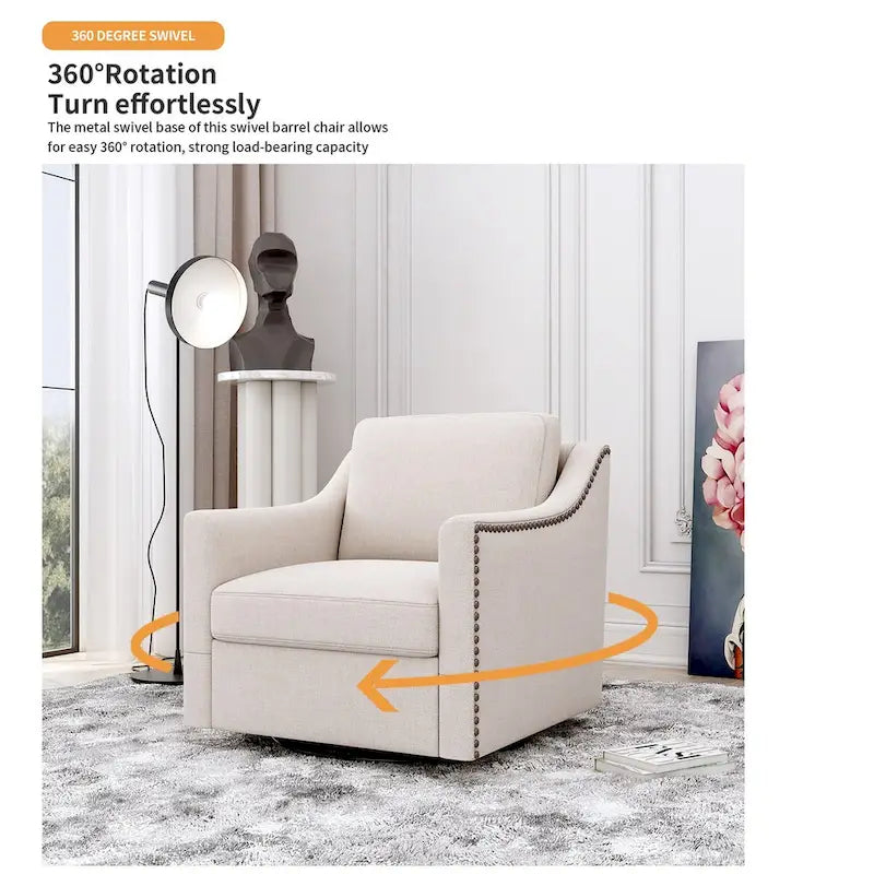 360-degree Swivel Accent Armchair Linen Blend Grey Modern Soft Velvet Material Ergonomics With Black Legs For Indoor Home