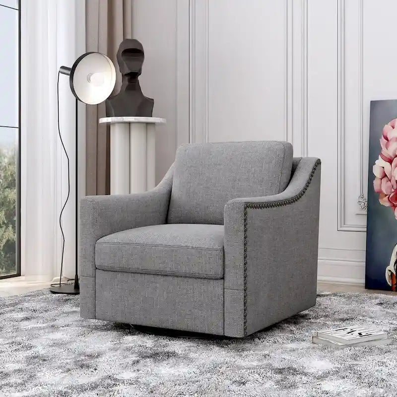 360-degree Swivel Accent Armchair Linen Blend Grey Modern Soft Velvet Material Ergonomics With Black Legs For Indoor Home
