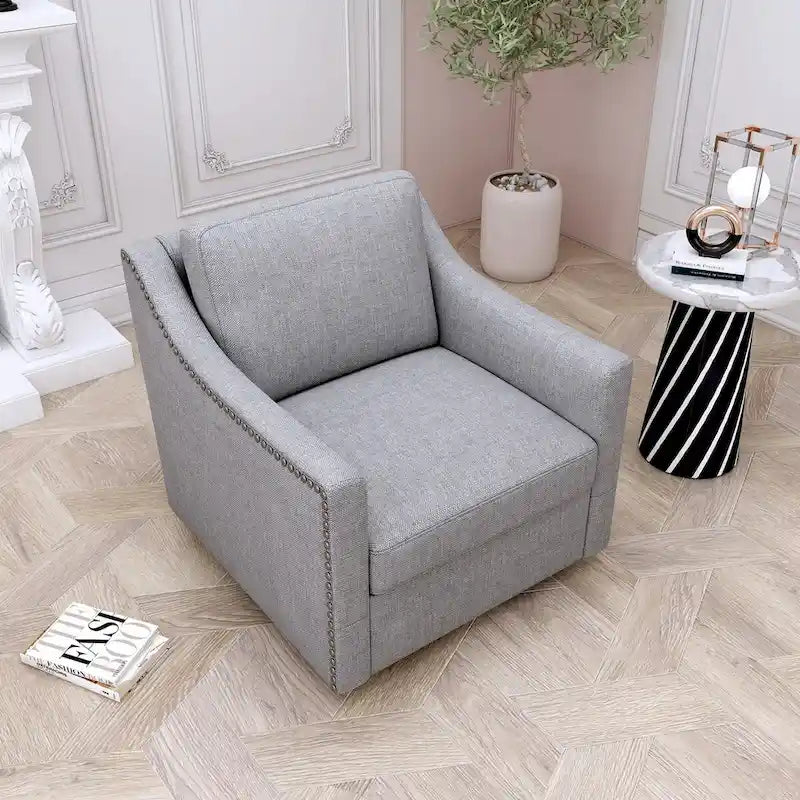 360-degree Swivel Accent Armchair Linen Blend Grey Modern Soft Velvet Material Ergonomics With Black Legs For Indoor Home