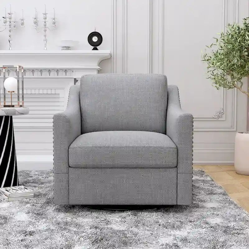 360-degree Swivel Accent Armchair Linen Blend Grey Modern Soft Velvet Material Ergonomics With Black Legs For Indoor Home