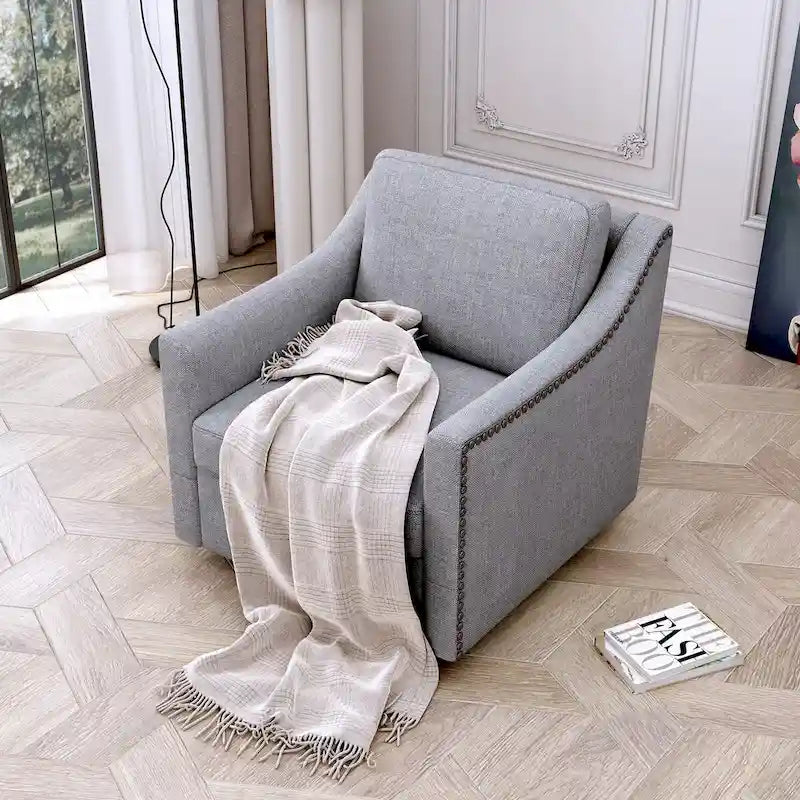 360-degree Swivel Accent Armchair Linen Blend Grey Modern Soft Velvet Material Ergonomics With Black Legs For Indoor Home