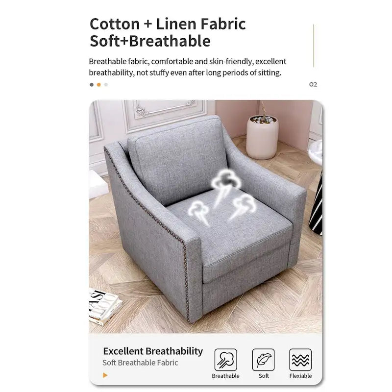 360-degree Swivel Accent Armchair Linen Blend Grey Modern Soft Velvet Material Ergonomics With Black Legs For Indoor Home