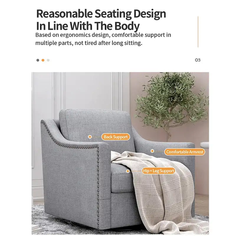 360-degree Swivel Accent Armchair Linen Blend Grey Modern Soft Velvet Material Ergonomics With Black Legs For Indoor Home
