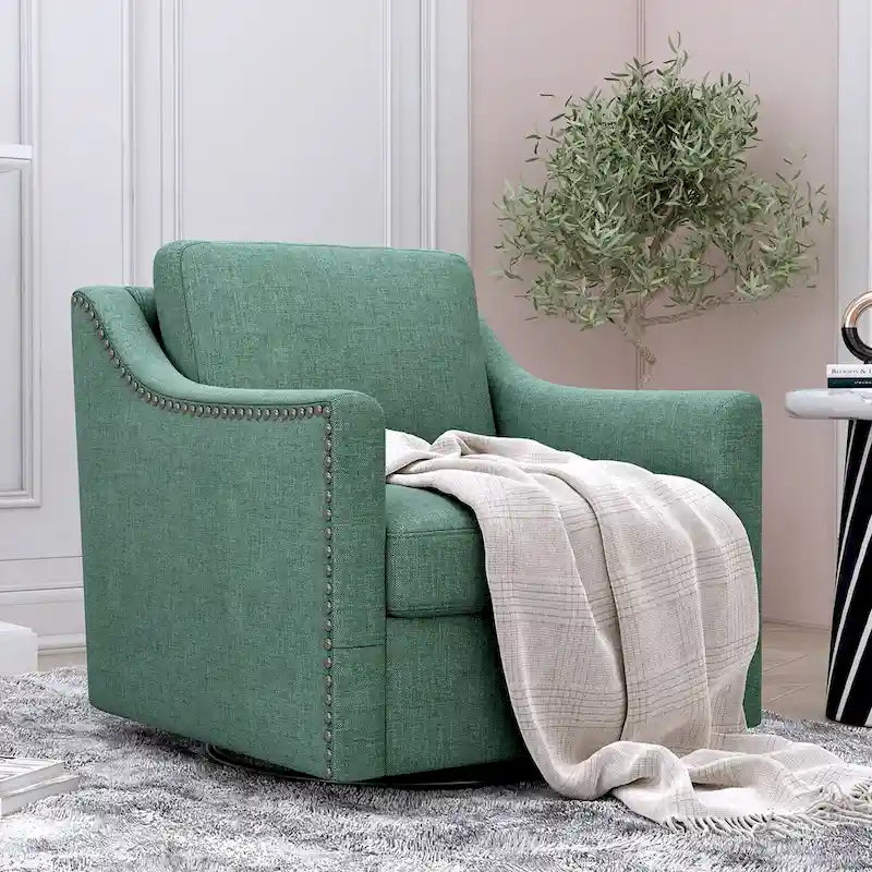 360-degree Swivel Accent Armchair Linen Blend Grey Modern Soft Velvet Material Ergonomics With Black Legs For Indoor Home