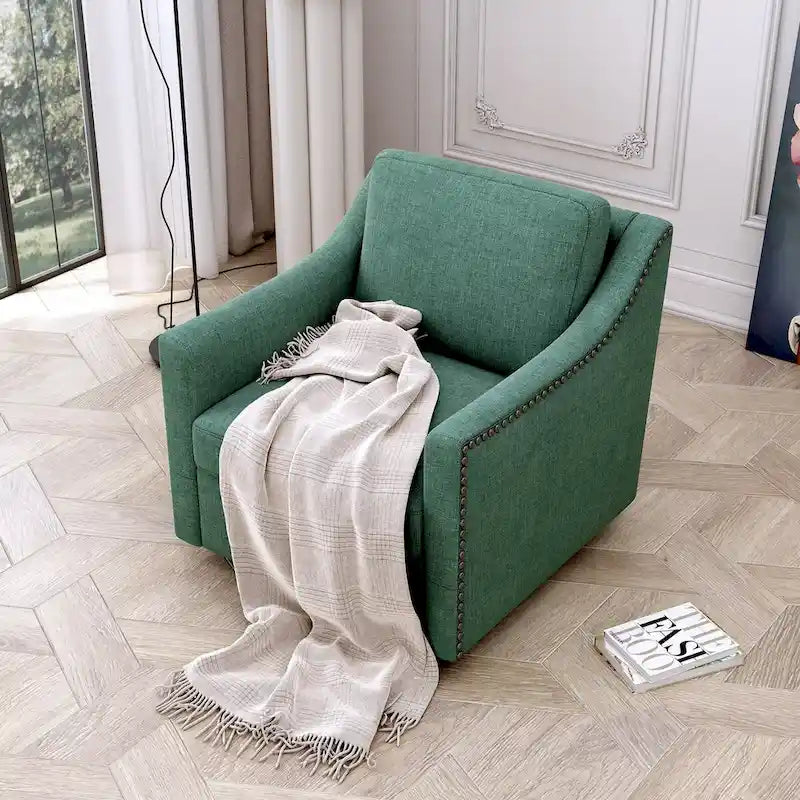 360-degree Swivel Accent Armchair Linen Blend Grey Modern Soft Velvet Material Ergonomics With Black Legs For Indoor Home