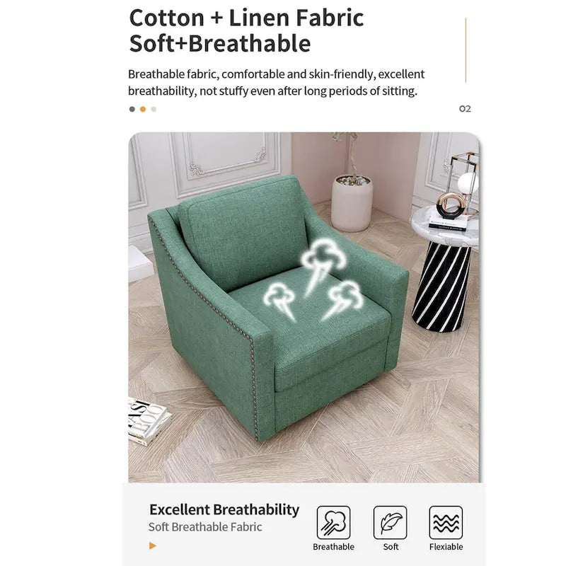 360-degree Swivel Accent Armchair Linen Blend Grey Modern Soft Velvet Material Ergonomics With Black Legs For Indoor Home
