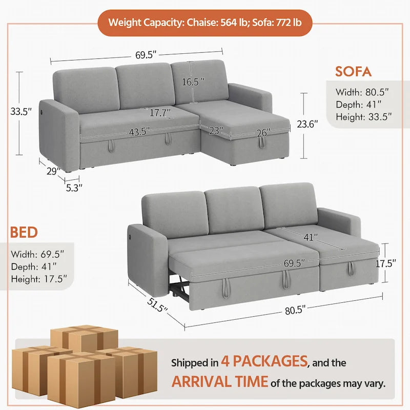 Yaheetech L-Shaped Reversible Sectional Sofa with Pull Out Bed & Storage - 83x 57.5x33