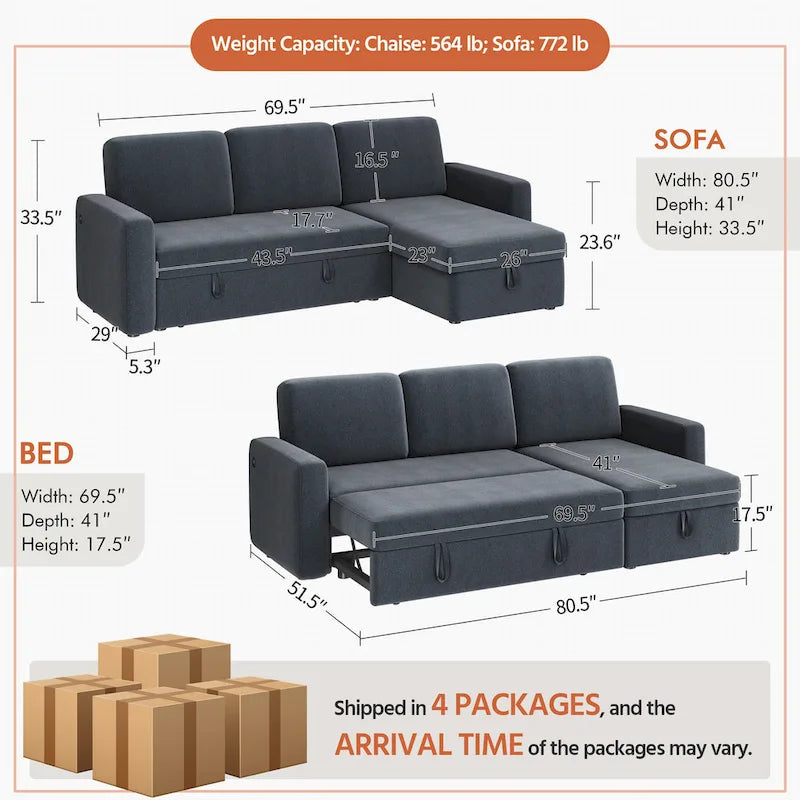 Yaheetech L-Shaped Reversible Sectional Sofa with Pull Out Bed & Storage - 83x 57.5x33